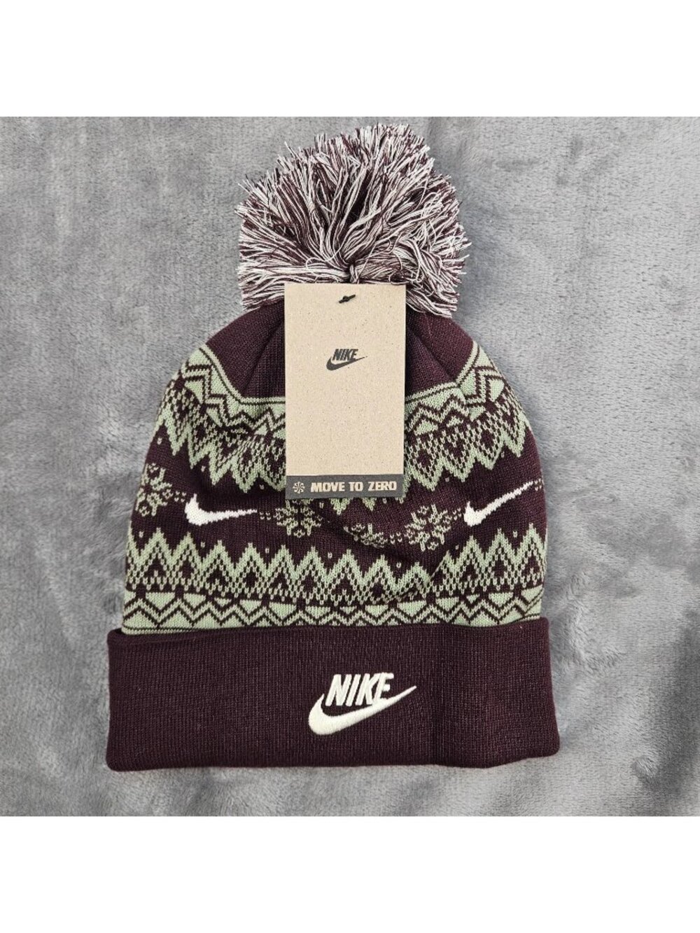 Nike Beanie Hat Peak Fair Isle Pom Pom Unisex NEW Burgundy Green OS Winter Ski